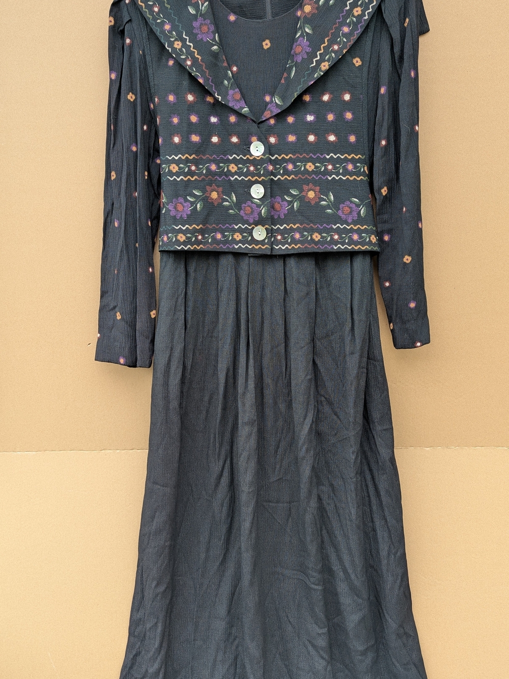 VTG J.B.S. Schoolgirl Maxi Dress Floral Cottagecore Layered Prairie 8P Black